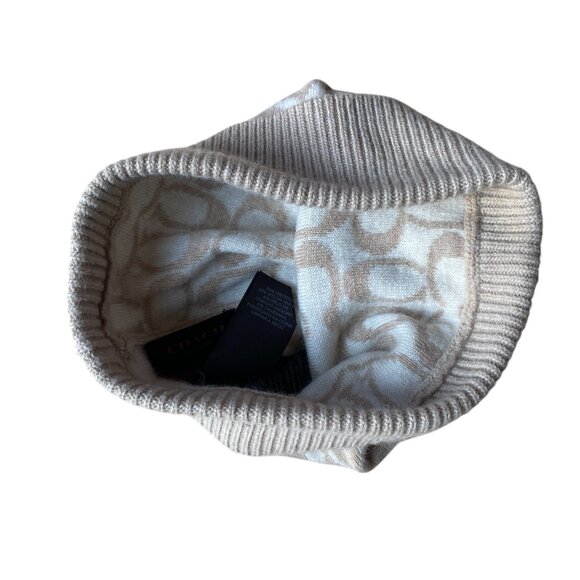 Coach Wool Cashmere Blend Jacquard Knit Signature Logo Cuffed Beanie Cream Tan - Picture 9 of 12